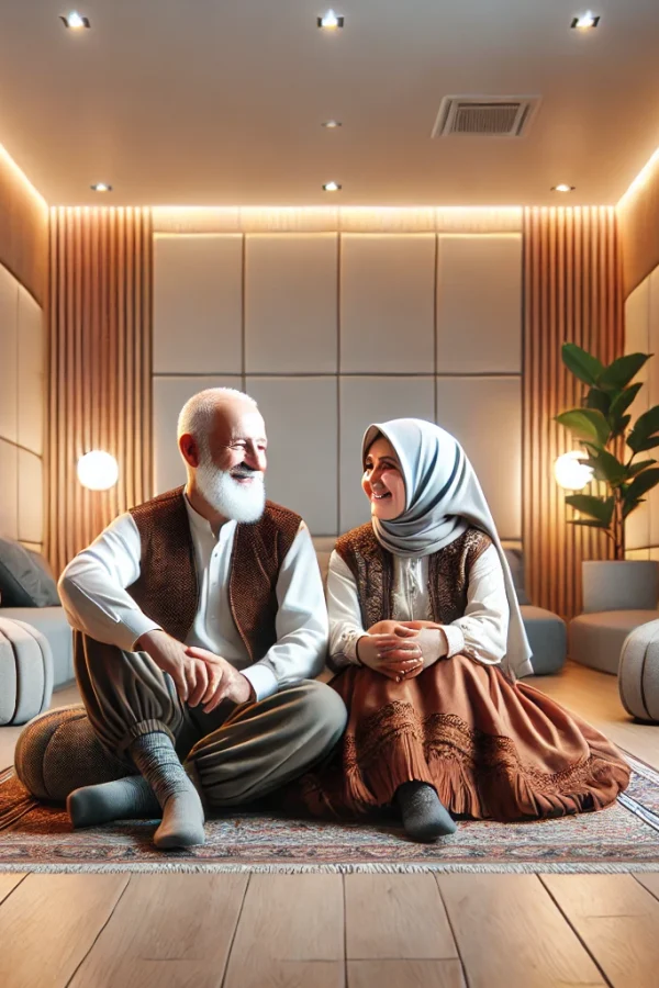 DALL·E 2025-03-24 13.57.20 – A realistic depiction of an elderly Turkish or Iranian couple sitting together in a modern, modular room, enjoying the warmth of floor heating. The co
